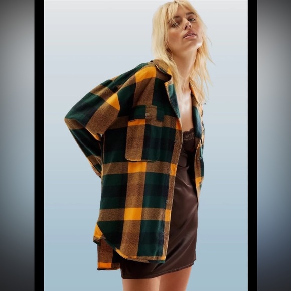 FREE PEOPLE l We The Free Izzie Cargo Shirt Bold Plaid Orange Teal Baggy NWT S - Picture 12 of 12